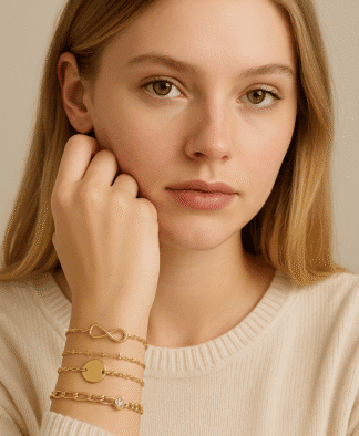 Bracelet en or avec pendentifs symboliques, bijoux tendance pour femmes élégantes et modernes, détails fins et raffinés, idéal pour accessoires de mode sophistiqués et chic.