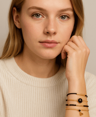 Set de bracelets noir et doré pour femme – médaillon noir et perles dorées