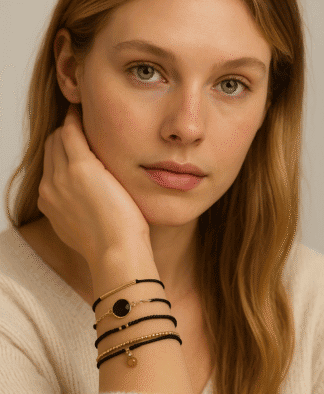 Set de bracelets noir et doré pour femme – perle ambrée et médaillon noir