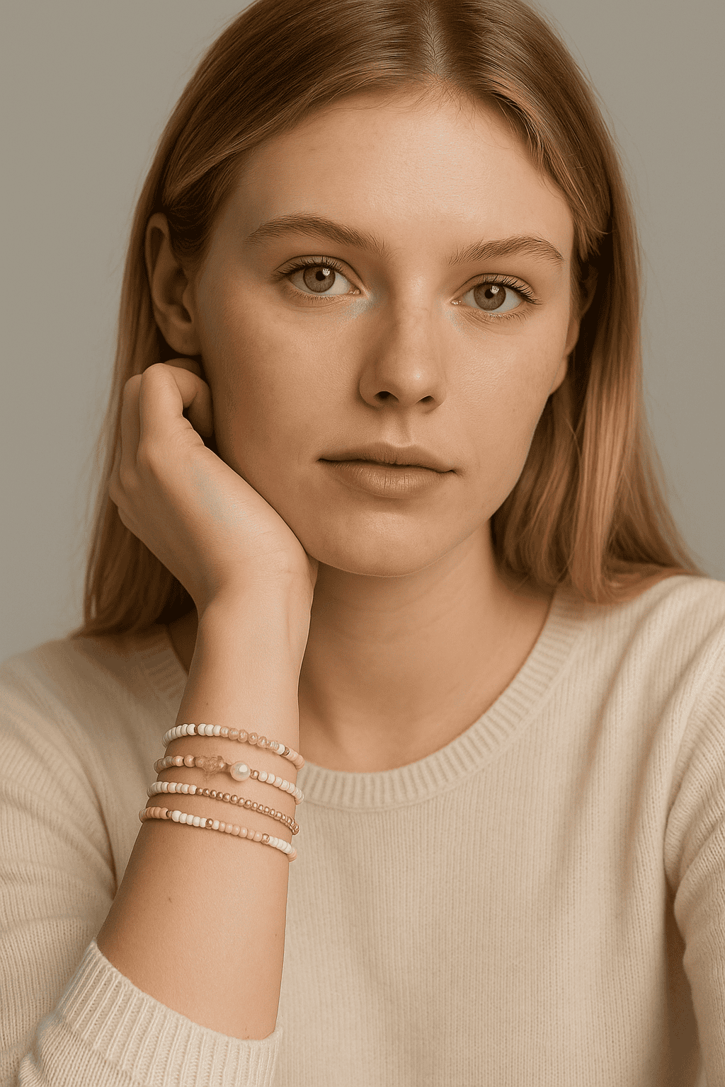 Bracelets en perles beige et blanc avec perle centrale, bijoux féminins élégants et tendance, parfaits pour un look sobre et sophistiqué.