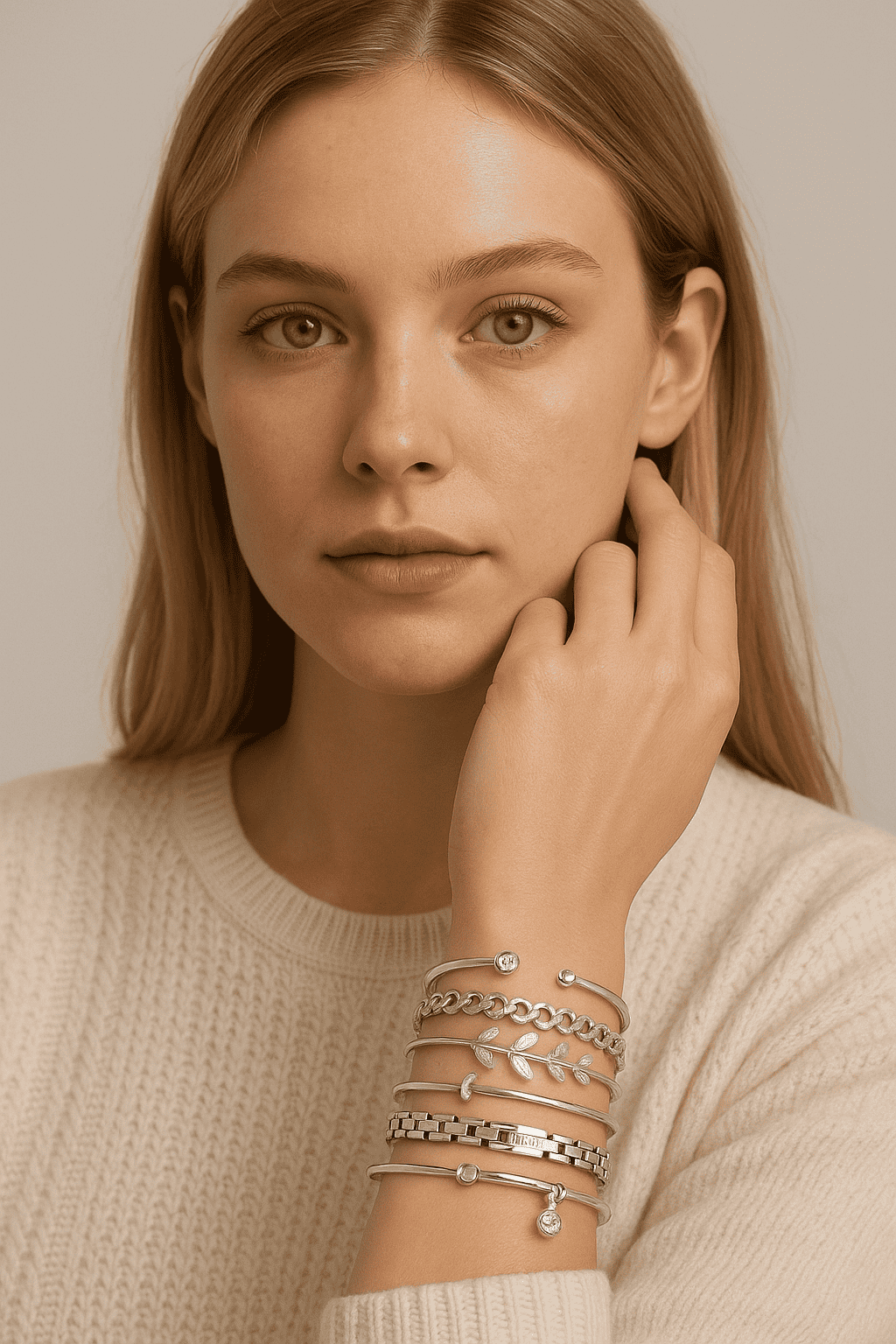 Set de bracelets rigides plaqués argent – joncs, chaîne et feuilles stylisées pour femme