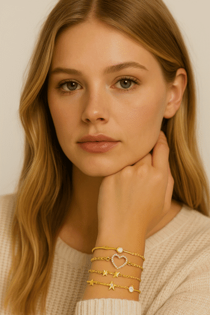 Bracelets en or avec pendentifs cœur et étoiles ornés de cristaux scintillants, parfaits pour un look élégant et tendance.