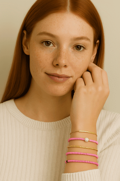 Bracelets en perles roses, or doré et perle blanche, accompagnant un pull crème, montés sur un poignet délicat d'une femme aux cheveux roux, idéal pour la mode féminine tendance.