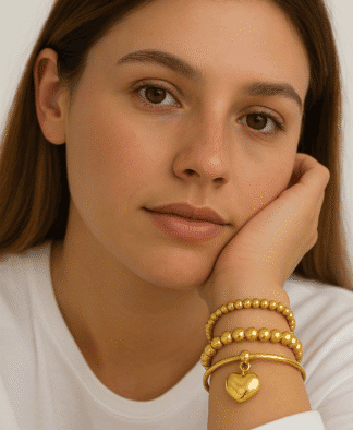 Un portrait de femme élégante portant des bijoux en or, notamment une montre dorée avec un pendentif cœur et plusieurs bracelets, mettant en valeur leur style sophistiqué et tendance.