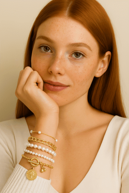 Bracelets élégants en perles et chaîne dorée, accessoires de mode sophistiqués pour femmes, à porter pour une touche chic et raffinée.
