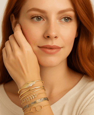 Bracelet doré à motifs feuillage et chaînes délicates, alliant élégance naturelle et sophistication pour un style féminin et tendance.