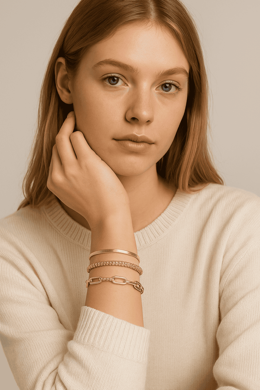 Fine jewelry femme, bracelets dorés élégants, style chic et sophistiqué, idéal pour accessoires de mode féminine, lifestyle élégant, idée cadeau pour femme, bijoux tendance, look casual ou habillé, anneaux vintage, bijoux en or, style minimaliste, accessoires de luxe.