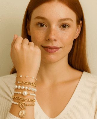 Bracelet en perles blanches et chains dorées, création élégante et tendance pour femme, idéal pour soirées ou tenues quotidiennes chics.