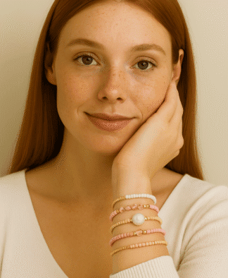 Bracelets fantaisie en perles roses, blanc, ivoire et or, avec perle centrale en imitation perle blanche, porté par une jeune femme à la peau claire et à cheveux roux, mode élégante et chic.