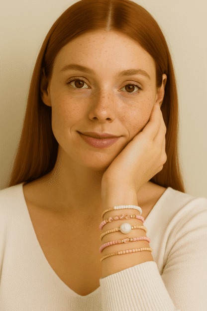 Bracelets fantaisie en perles roses, blanc, ivoire et or, avec perle centrale en imitation perle blanche, porté par une jeune femme à la peau claire et à cheveux roux, mode élégante et chic.