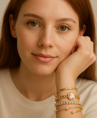 Or, c'est une femme avec plusieurs bracelets en or et diamants, maquillage naturel, portant un pull beige clair, dans un décor neutre et lumineux, mettant en valeur la joaillerie sophistiquée et élégante.