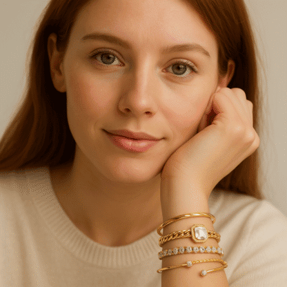 Or, c'est une femme avec plusieurs bracelets en or et diamants, maquillage naturel, portant un pull beige clair, dans un décor neutre et lumineux, mettant en valeur la joaillerie sophistiquée et élégante.