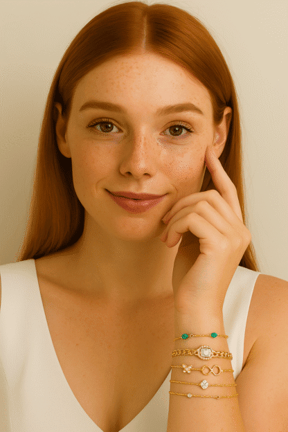 Bracelets en or avec pierres colorées et motifs variés, portés par une femme aux cheveux roux, peau claire et regard doux, pour une touche élégante et tendance à votre style de bijouterie fantaisie.