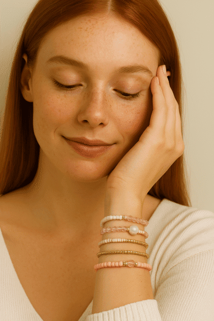 Bracelets en perles pastel et or, accessoires bijoux fine pour femmes, style élégant et délicat.